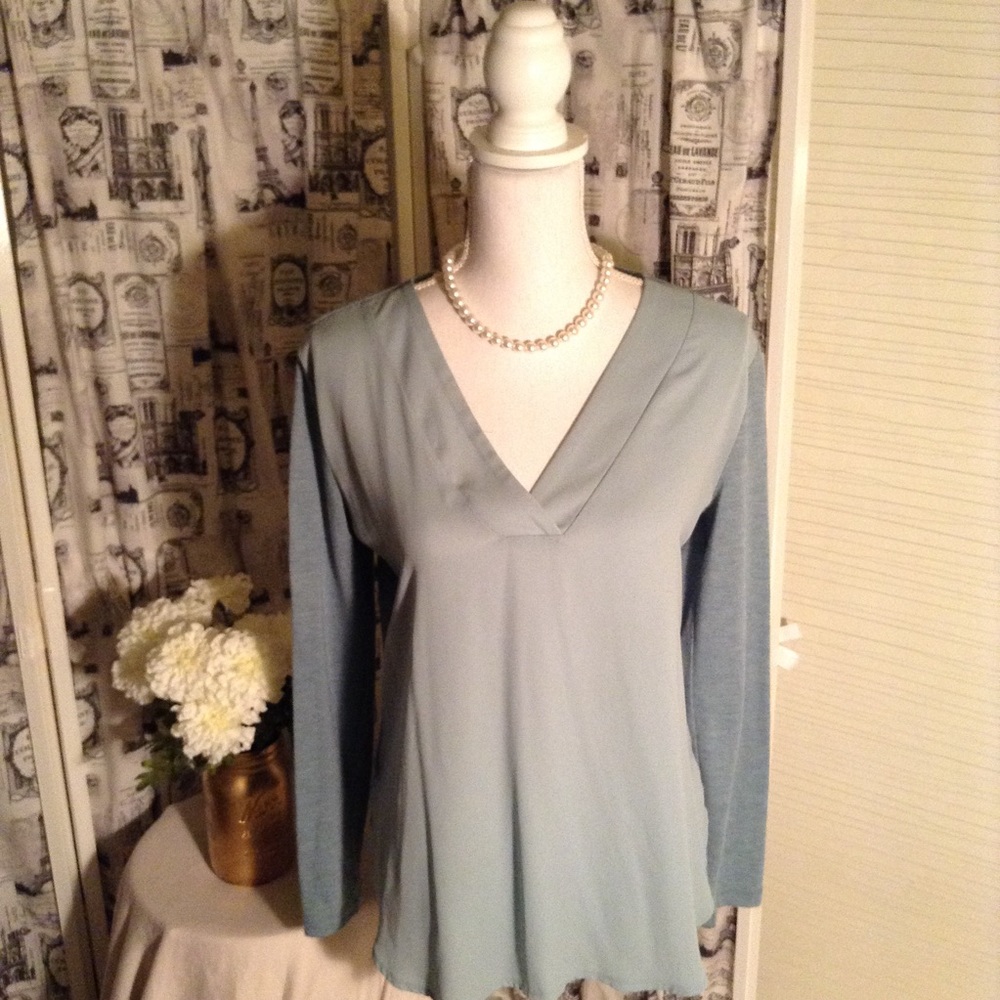 Loft Outlet Grey Blue Long Sleeve Blouse